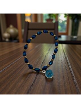 Blue & Gold Beaded Bracelet with Flower Charm